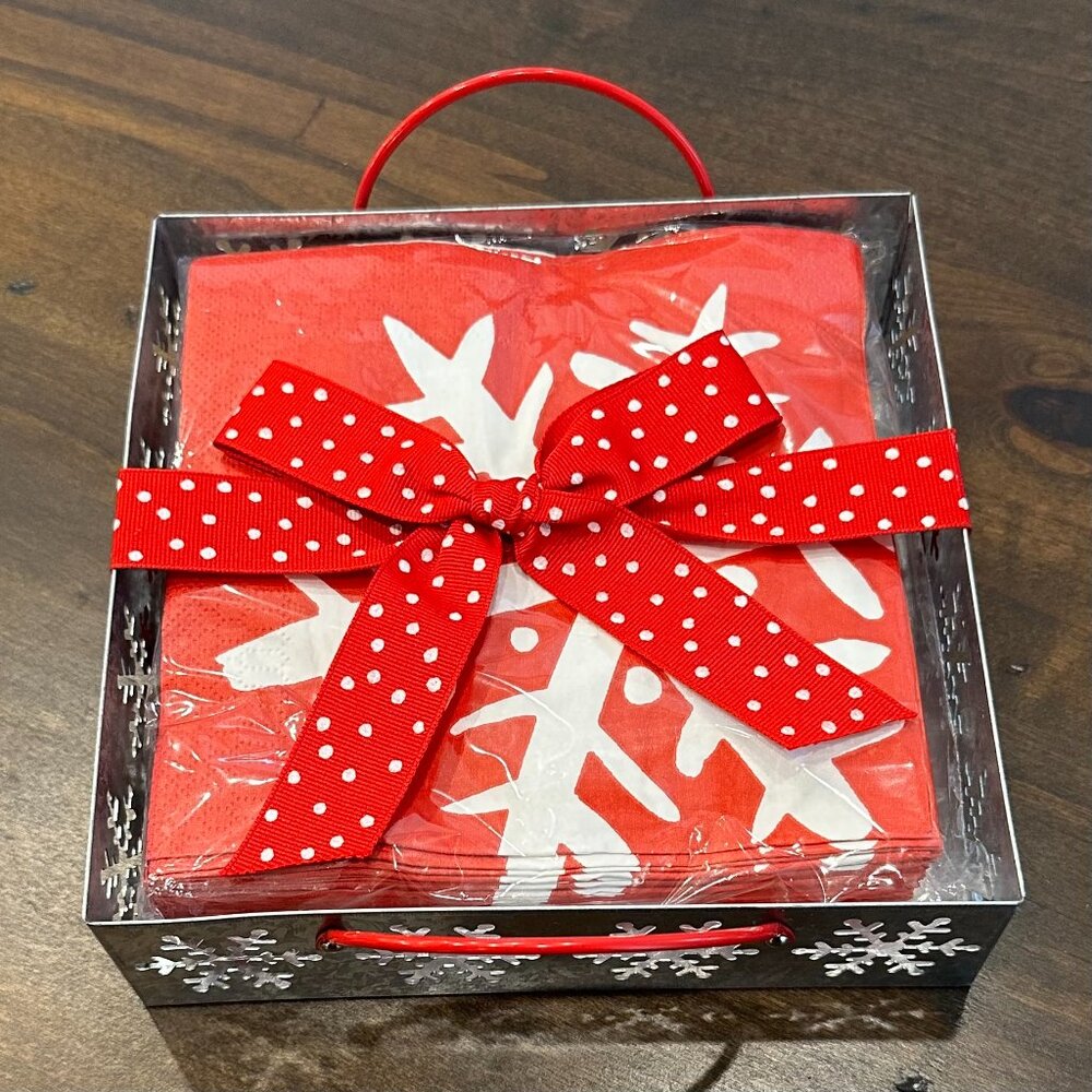 NWT Hallmark Silver Napkin Caddy & 40 Paper Napkins - Red & White Snowflake